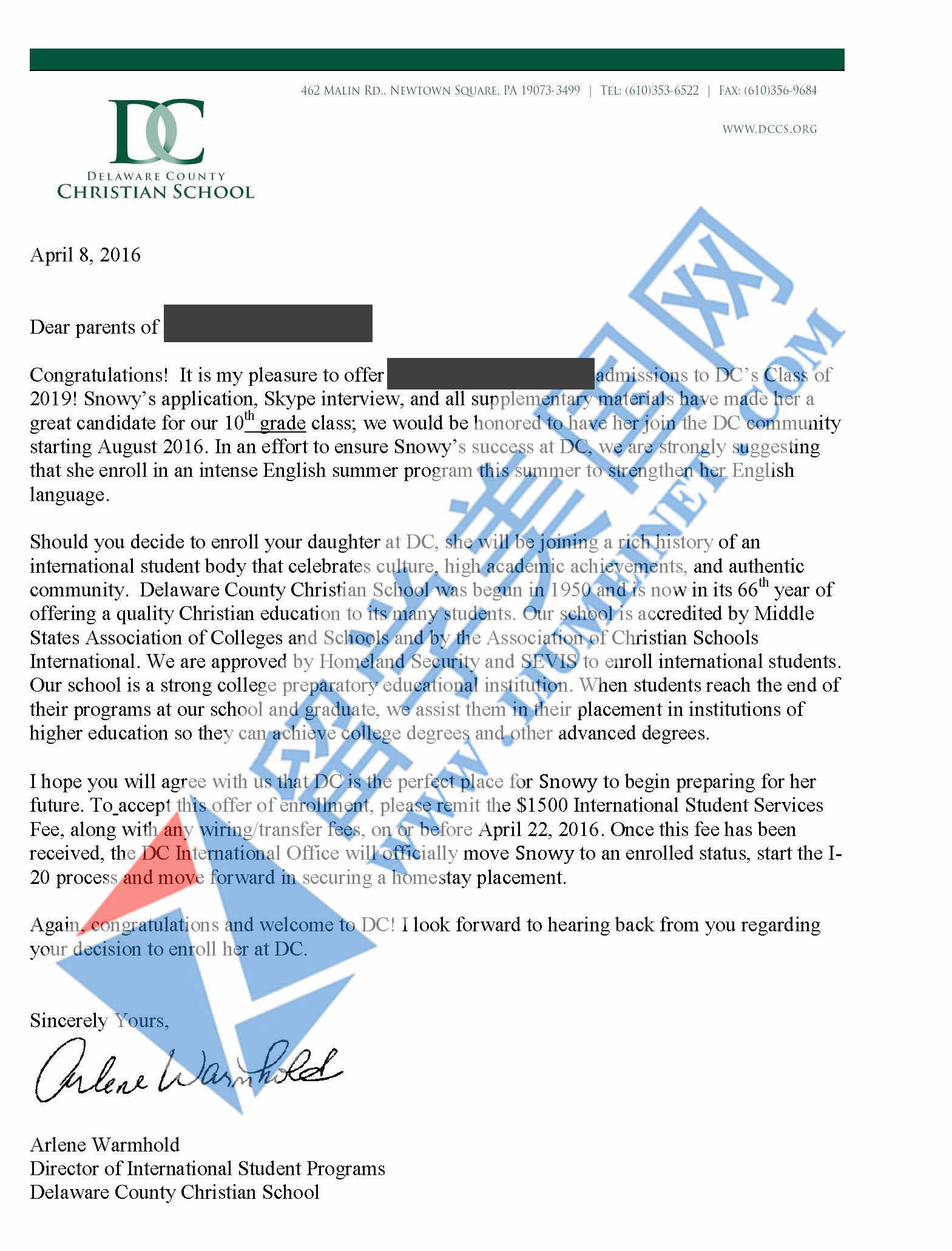 恭喜ZXY同學(xué)獲得Delaware County Christian School錄取